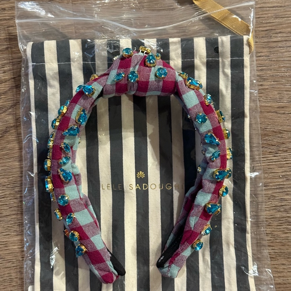 Brand New Lele Sadoughi Burgundy and blue gingham embellish Headband